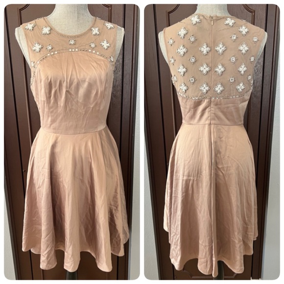 Label by Five Twelve Champagne Satin Beaded A-Line Dress - Picture 1 of 12